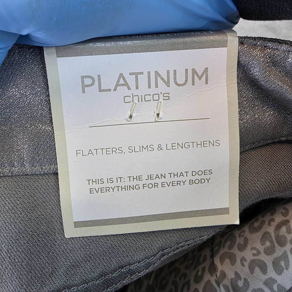 Chicos Platinum Jeans Womens 8 Regular Silver Metallic Slim Leg Denim Pants - Picture 12 of 14